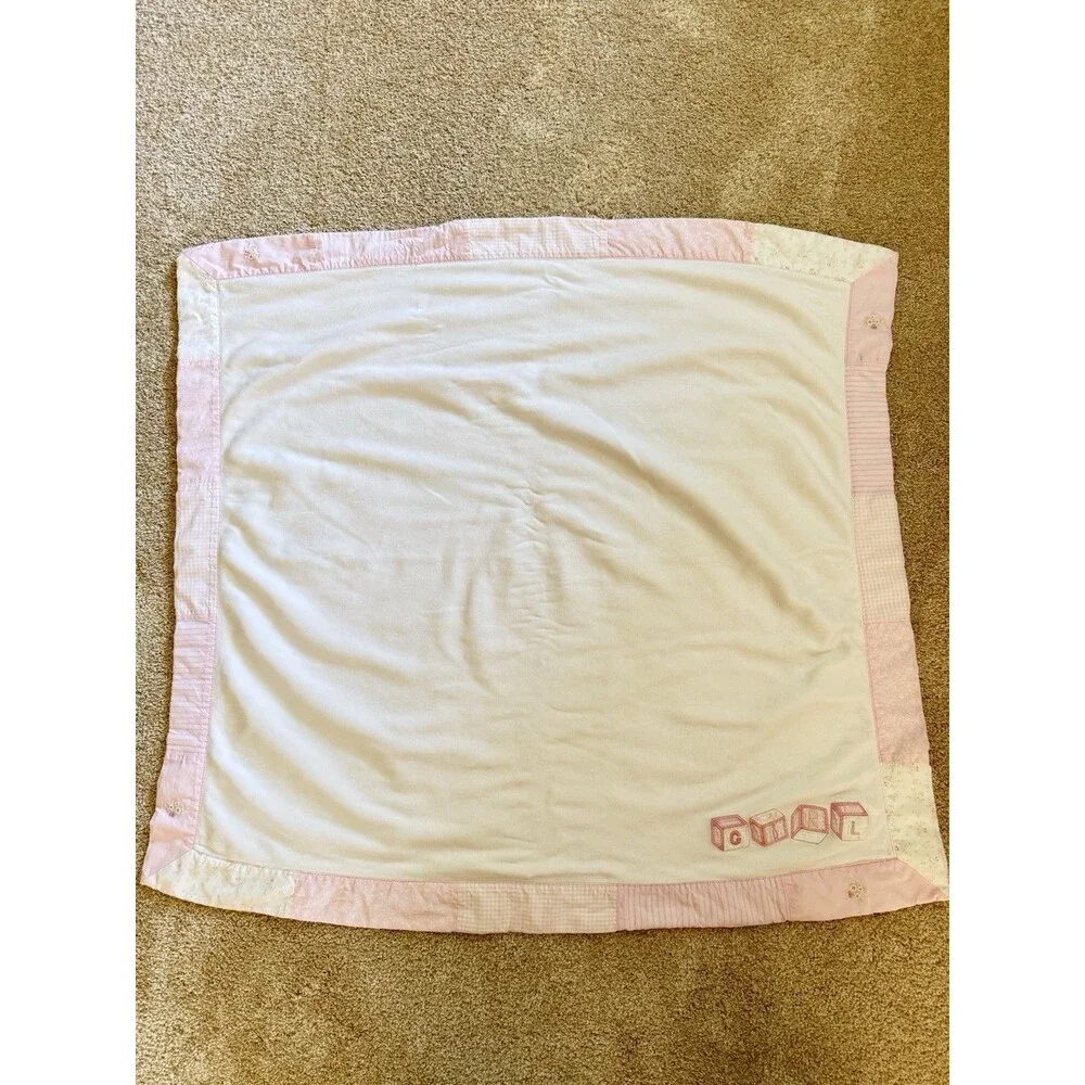 Vintage 2002 Gymboree Baby Girl Blanket Pink White Patchwork Embroidered Blocks